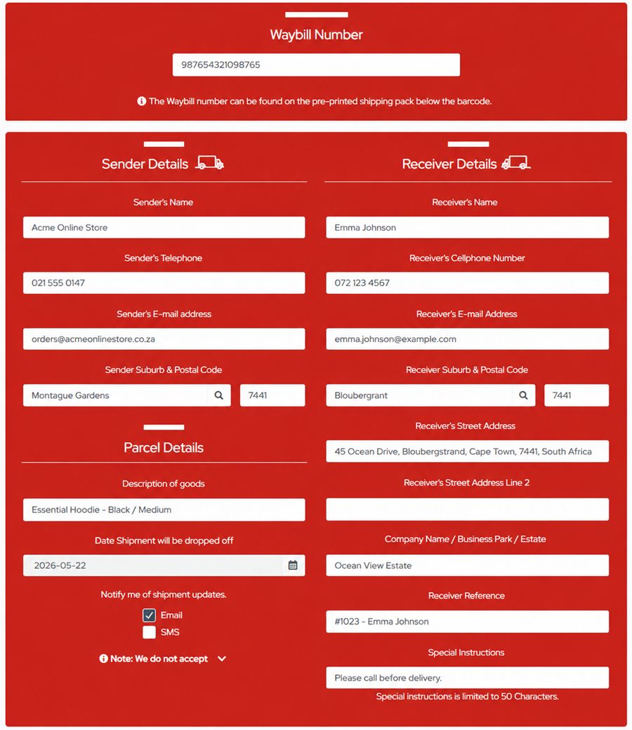 Aramex form auto-filled