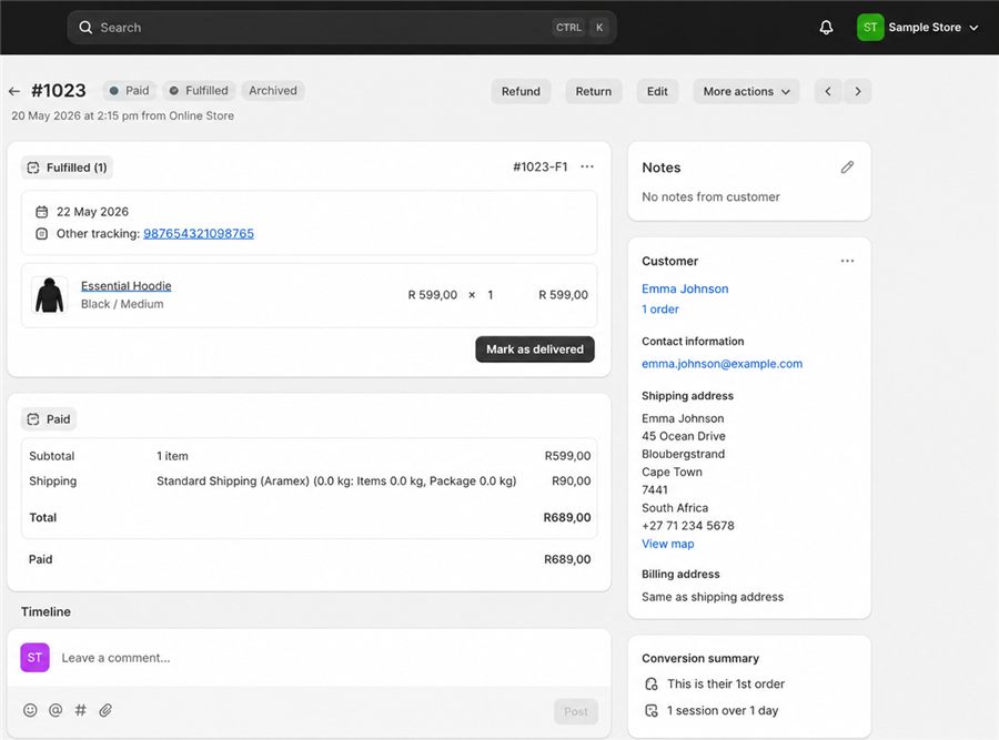 Shopify order page